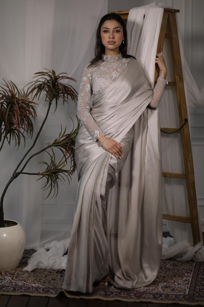 Silver Satin Saree