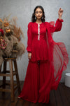 RED PEPLUM GHARARA SET.